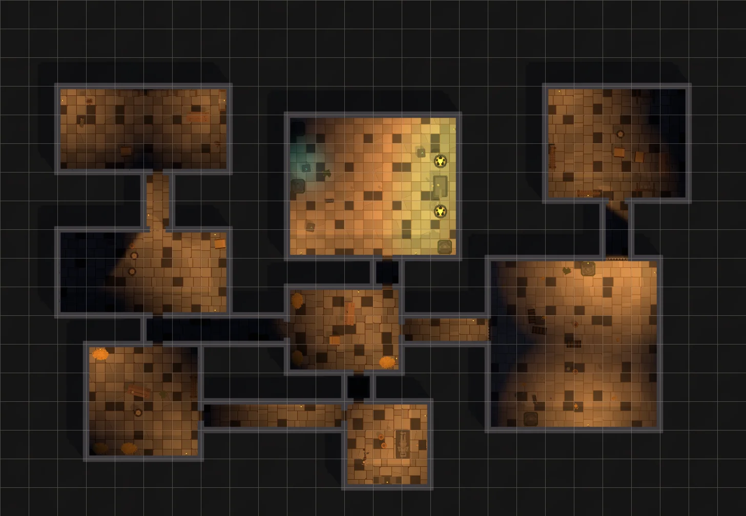 A torchlit dungeon with a shrine, cells and a crypt on a square grid